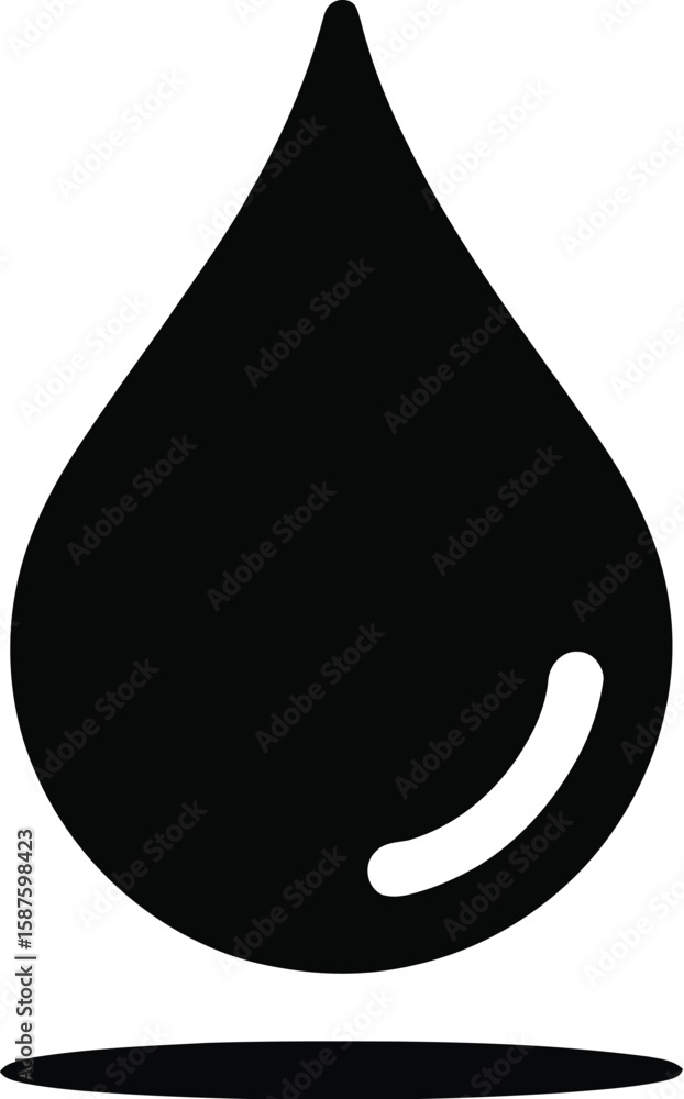 Poster a single black water drop with a white reflection and a shadow on a plain white background image vie