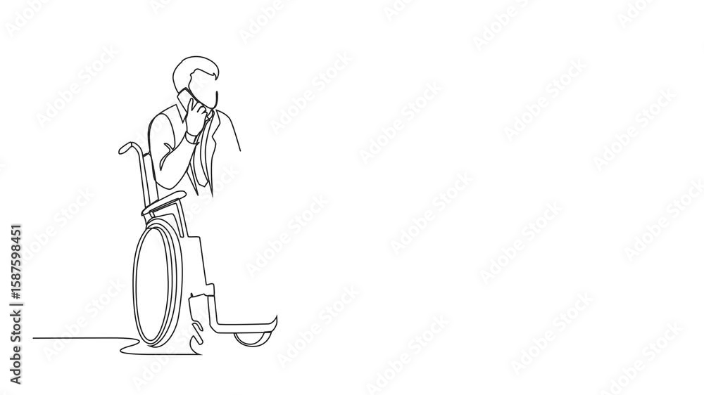 Aufkleber animation of continuous line drawing disabled guy in wheelchair having phone conversation while work