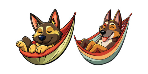 Relaxed German Shepherd Sleeping Peacefully in Hammock with Happy Smile, Cute Dog Vector Illustration for Pet Lovers and Animal Relaxation Designs