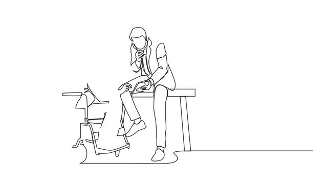 Animated self drawing of single continuous line drawing businessman sitting on wheelchair presenting business graph on paper to manager. Diverse corporate colleagues. Full length single line animation