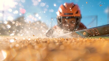 Dynamic low angle shot of a baseball player sliding into home plate with dirt flying