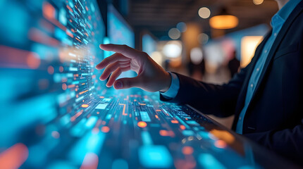 Hand interacts with interactive data display, showcasing modern technology and business intelligence with abstract blue and orange elements.
