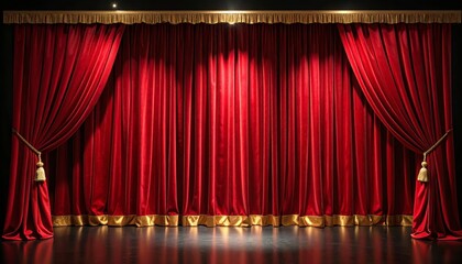 Luxurious red curtains with gold trim, creating a dramatic and opulent ambiance for stage or home decor