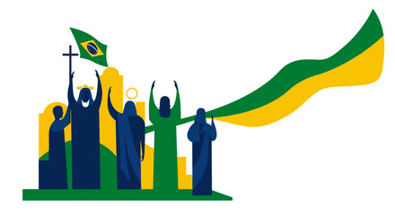 Illustration of figures holding a brazilian flag with a cross and a halo in the background