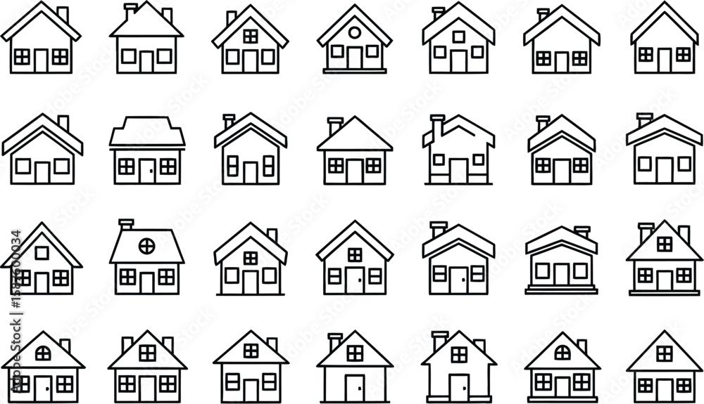Poster vector art of a collection of simple house icons isolated on white background, representing various 