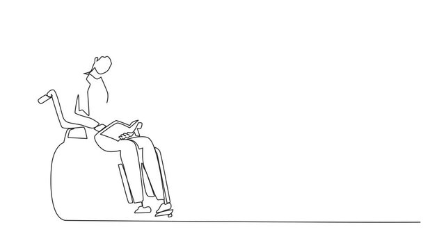 Animation of single one line drawing positive student disabled reads book while sitting in wheelchair. Brave woman studying in college. Rehabilitation of disabled people. Full length motion