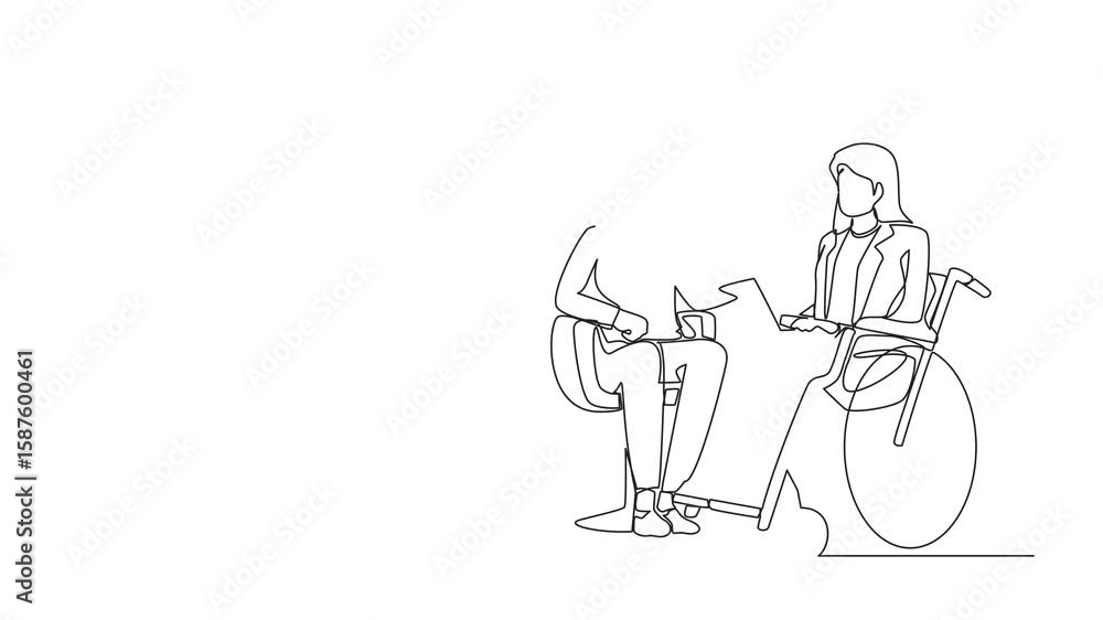 Poster animation of continuous one line drawing employee with inclusion work together in office. disabled f
