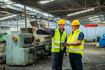 Two professional engineer worker technician assistant in helmet inspection check old machine...