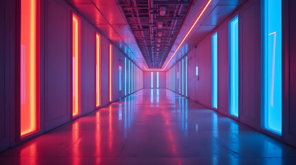 Futuristic corridor glows with vibrant neon lights, showcasing a modern architectural design and creating a stunning visual effect of bright colors.