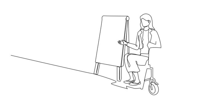 Animated self drawing of continuous one line drawing businesswoman on wheelchair using microphone, presentation infographics on flip chart at weekly office report meeting. Full length animation