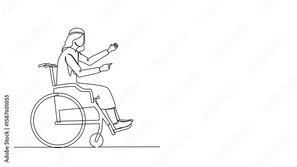 Poster animation of continuous one line drawing disabled arab man at job interview in office. person in whe