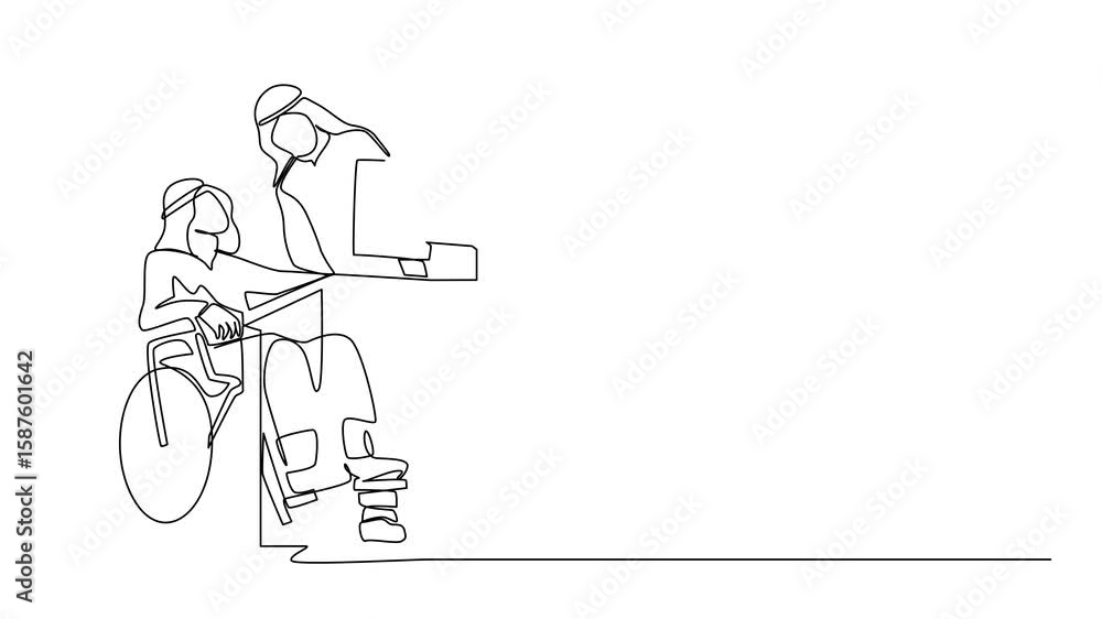 Poster animation of continuous one line drawing disabled arabian man in wheelchair works in office behind d