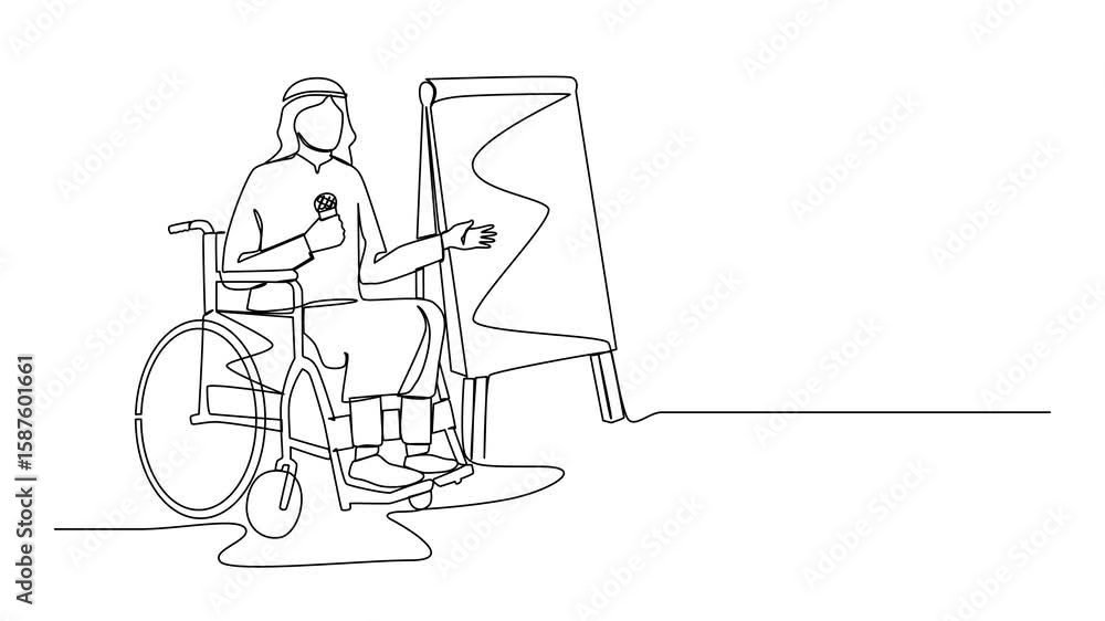 Aufkleber animated self drawing of continuous line drawing arabian businessman on wheelchair using microphone,