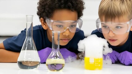 Two young boys conducting a science experiment in the laboratory - Powered by Adobe