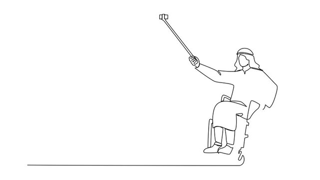 Self drawing animation of continuous one line drawing Arabian male young wheelchair user taking selfie with phone and stick. Society and disabled people community concept. Full length animated