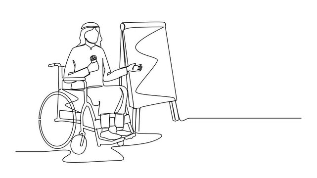 Animated self drawing of continuous line drawing Arabian businessman on wheelchair using microphone, presentation on flip chart at weekly office report meeting. Full length single line animation
