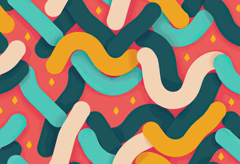 Explore Bold Abstract Designs: Dynamic Seamless Pattern of Interlocking Curved Shapes and Small Stars in Vibrant, Contrasting Colors, Perfect for Modern Textiles, Digital Backgrounds, or Artistic Wall
