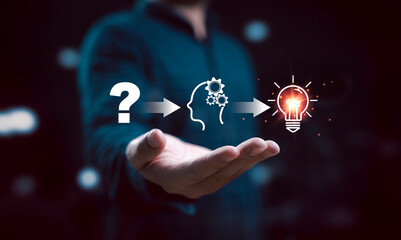 Businessman holding illustration from questioning to understanding and finally achieving an idea....