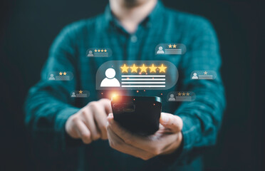 A person holding a smartphone, surrounded by floating icons displaying user reviews and star...
