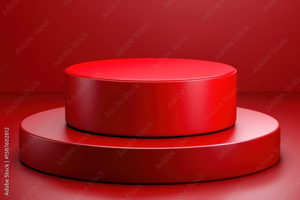 Poster red cylindrical platform stage twotiered on a shiny matching color background