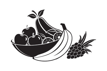 Black and White Fruit Bowl Apples Pear Banana Pineapple