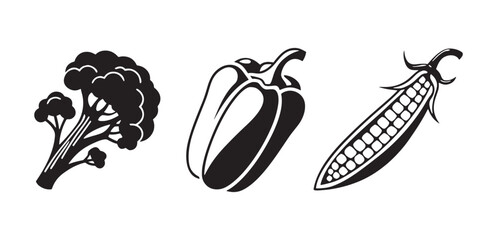 Black and White Vegetable Icons Broccoli Pepper Corn