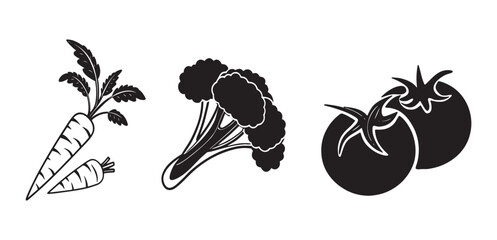 Black and White Vegetable Icons Carrots Broccoli Tomatoes