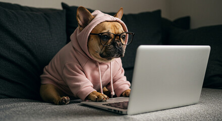A cute french bulldog is working on a laptop while wearing glasses and a pink hoodie. The dog is sitting on a couch at home, showcasing remote work or online learning. It's a funny and adorable scene.
