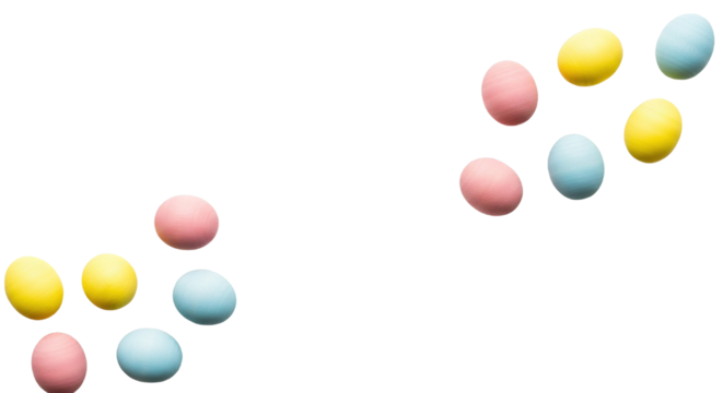 Scattered pastel easter eggs in pink, yellow, and blue isolated on a transparent background