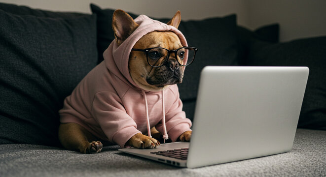 A cute french bulldog is working on a laptop while wearing glasses and a pink hoodie. The dog is sitting on a couch at home, showcasing remote work or online learning. It's a funny and adorable scene.