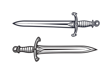 Two Black and White Daggers Hand Drawn Illustration Top and Side View