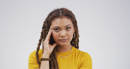 African woman, portrait and frustrated with anger for whatever, deny or expression on white...