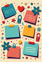 Dynamic Office Organization Layout: Vibrant Flat Lay of Colorful Sticky Notes and Notebooks, Interspersed with Abstract Shapes and Icons, Perfect for Inspiring Productivity and Creative Workspaces.
