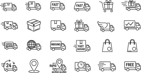 Vector art of a collection of delivery truck icons representing fast shipping and package delivery services, ideal for ecommerce and logistics themes