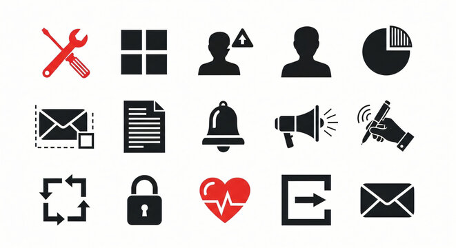 A collection of various black and red icons displayed on a white background in a organized manner