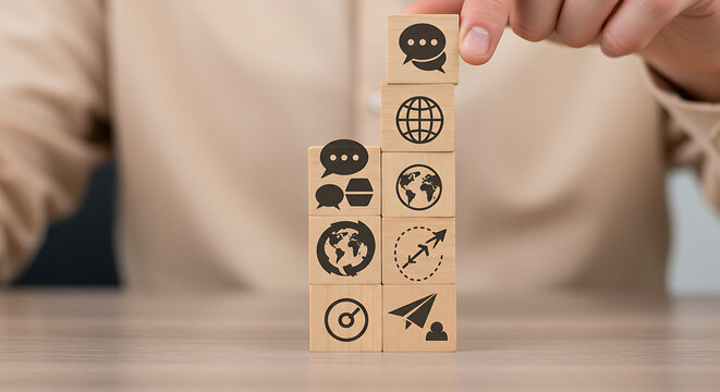 A person carefully constructs a tower of wooden blocks, each displaying a different communication or global icon, symbolizing interconnectedness and strategy.