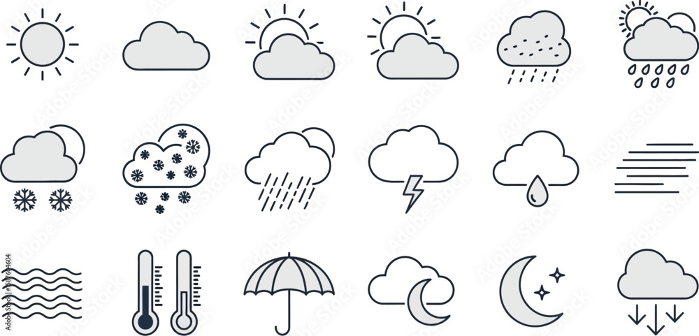 Poster vector art of a set of outline weather icons isolated on white background represents various atmosph
