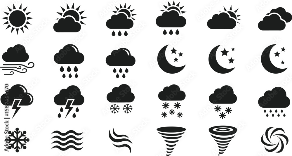Poster vector art of a set of weather icons isolated on white background represents various atmospheric con
