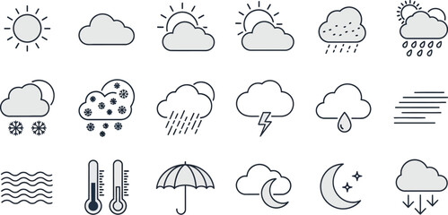 Vector art of a set of outline weather icons isolated on white background represents various atmospheric conditions and meteorological phenomena