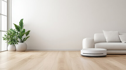 Modern living room featuring sleek vacuum robot hardwood floor, complemented by cozy sofa