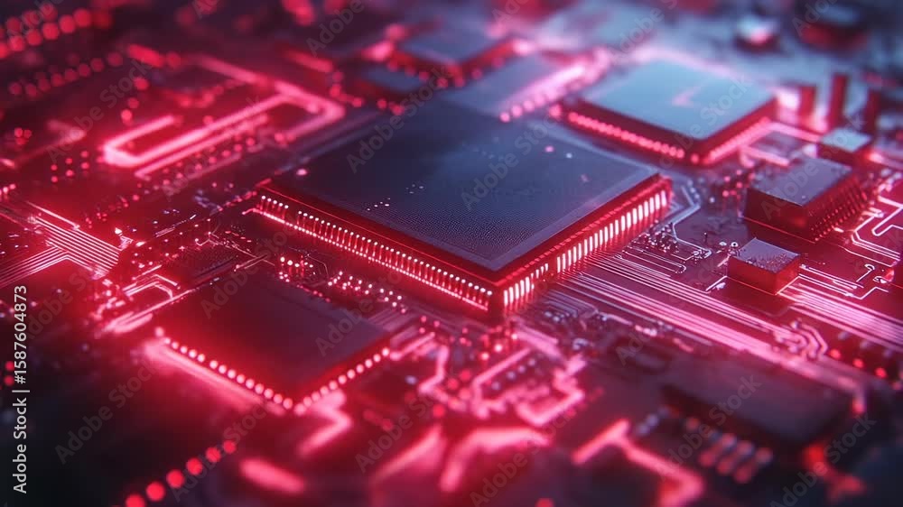 Poster close-up of a glowing circuit board with vibrant red illumination highlighting intricate components