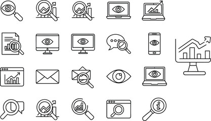 Vector art of a collection of seo icons representing search optimization, data analysis, and online marketing strategies, isolated on white background