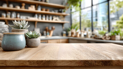 Kitchen wood table top for product display with blurred modern interior. Wooden tabletop over defocused kitchen background. kitchen furniture and desk space. product promotion in the kitchen