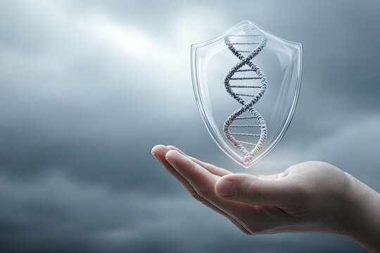 DNA in Shield Held by Hand Genetic Protection and Healthcare Concept