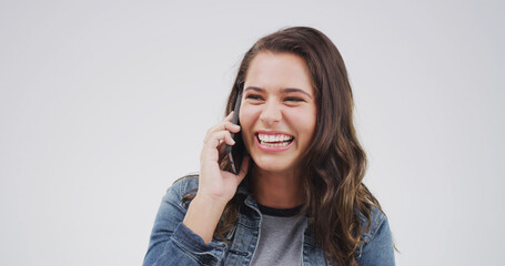 Laughing, woman and gossip with phone call, studio or talking to contact with tech or...