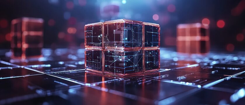 Lit cubes on digital grid with glowing lines - Powered by Adobe