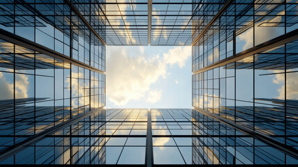 Modern glass buildings reflect clouds and sky, creating stunning urban view