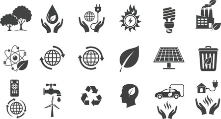 Vector art of a collection of ecofriendly and sustainable energy icons representing environmental conservation and renewable resources