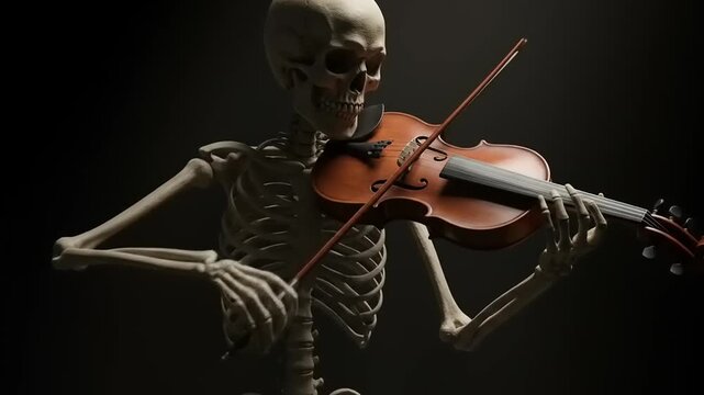 A skeleton playing a violin in a dimly lit room, creating an eerie yet artistic atmosphere - Powered by Adobe