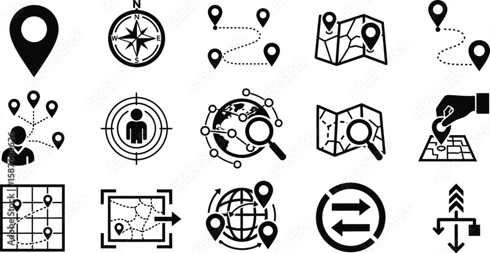 Aufkleber vector art of a collection of black and white icons representing location, navigation, and mapping c